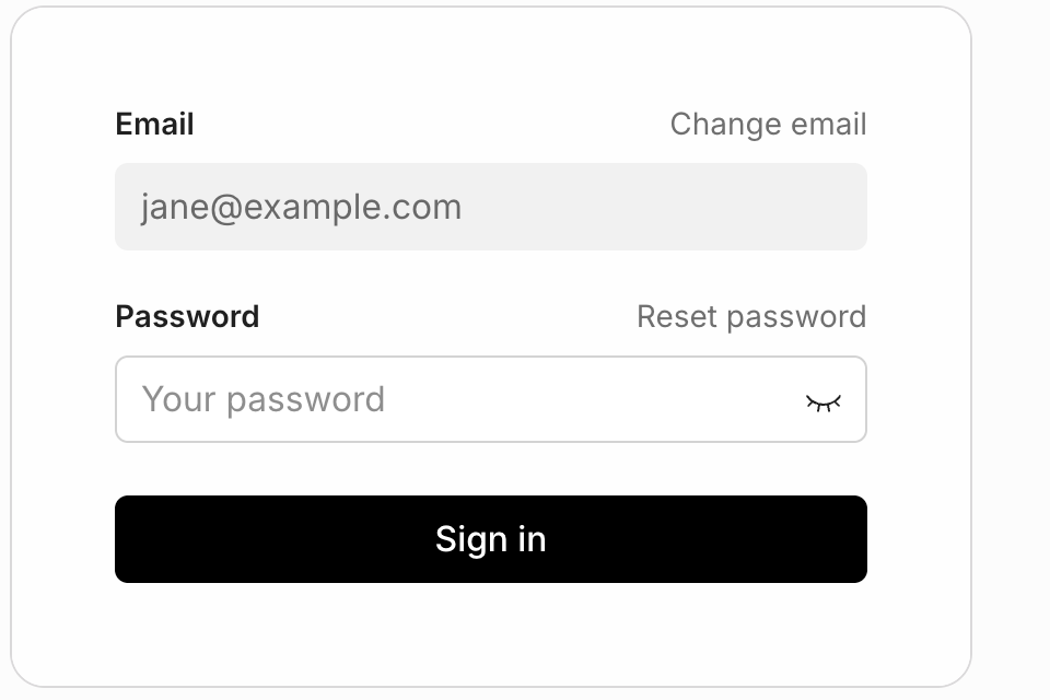 The sign-in form after an email address is entered, with a Password field, a Reset password link and a Sign in button