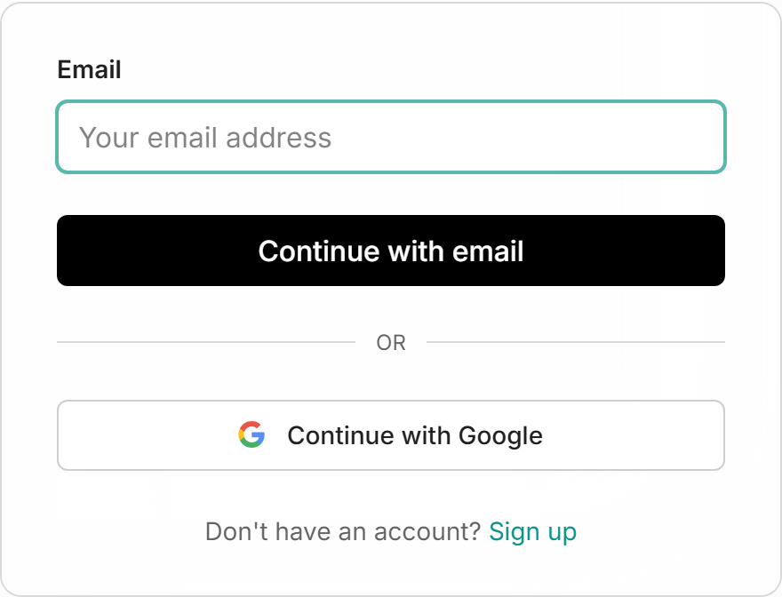 The Aflote sign-in screen with an Email field, a Continue with email button and a Continue with Google button