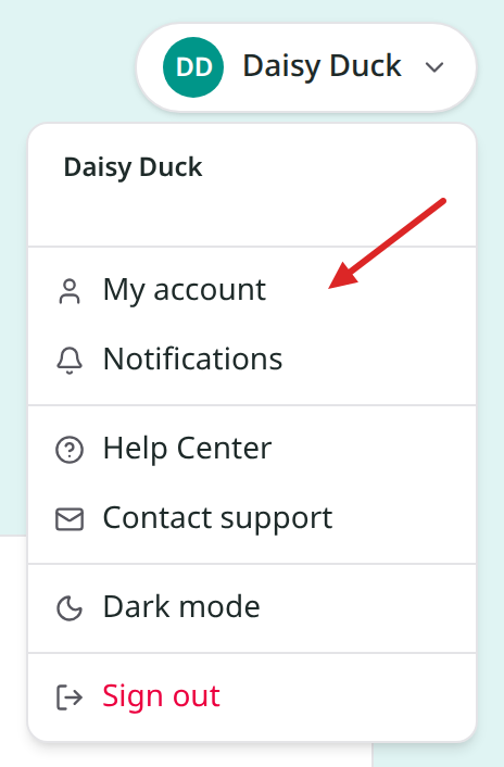 Daisy Duck's open account menu with a red arrow pointing to My account