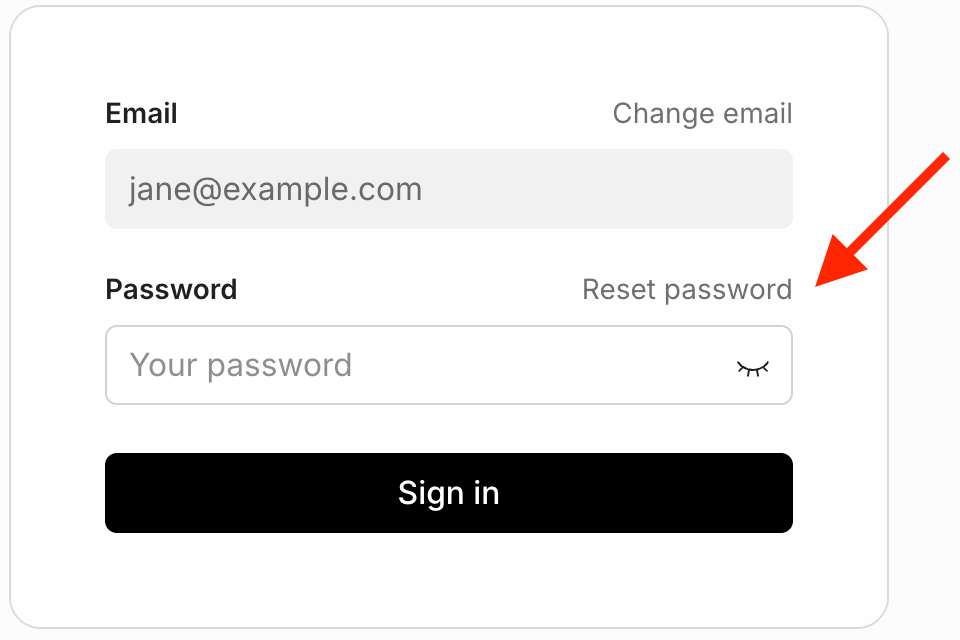 The sign-in form after entering an email address, with a red arrow pointing to Reset password