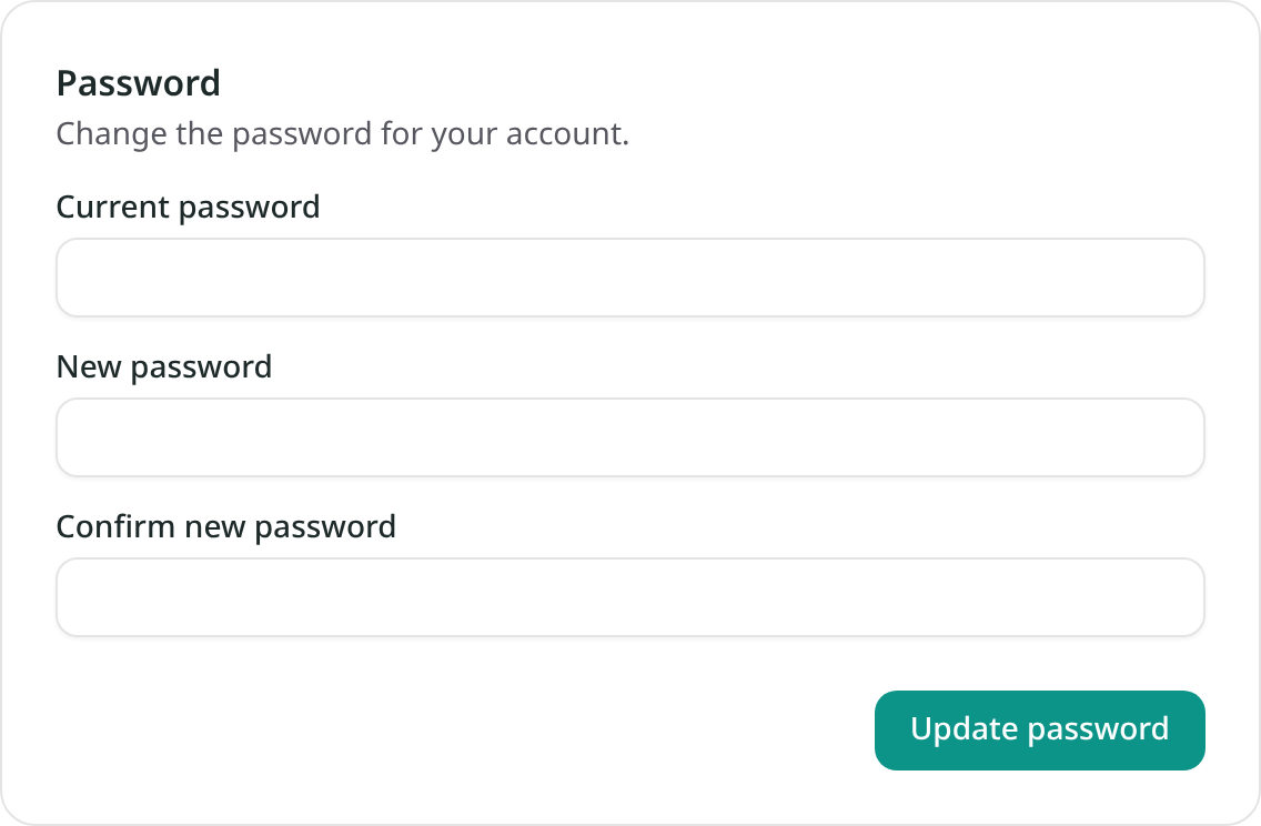 The Password section with empty Current password, New password and Confirm new password fields and the Update password button