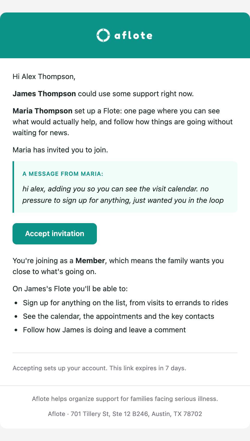 The invitation email as it arrives in your inbox, from Aflote with a teal header