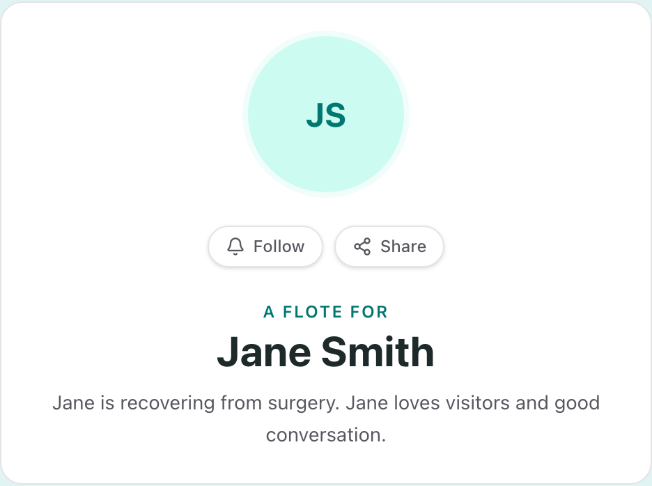 The Flote itself, with Follow and Share buttons, the name, and how to help