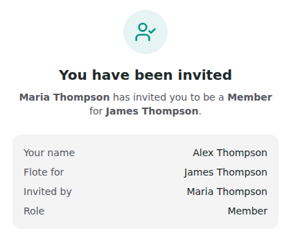 The invitation page showing who invited you, the person the Flote is for, and your role