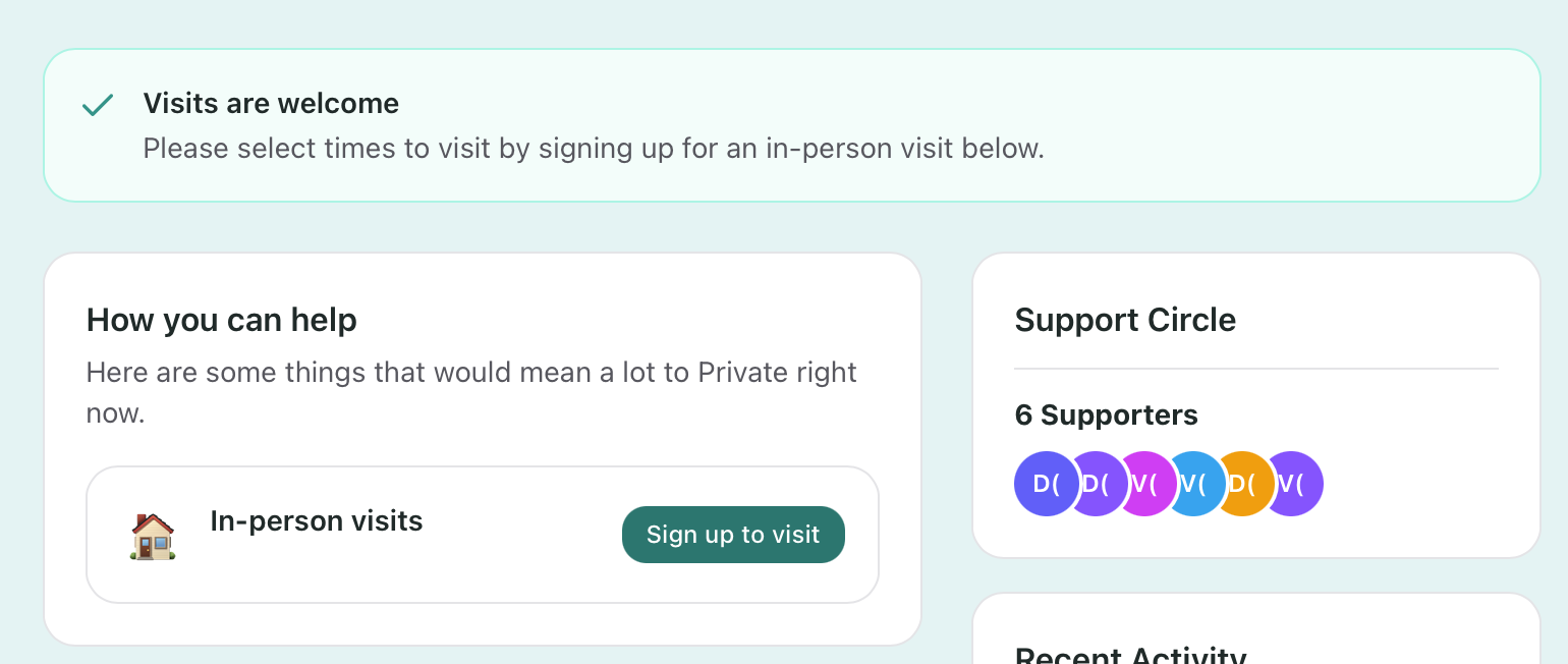A Flote showing the Visits are welcome message and In-person visits with the Sign up to visit button
