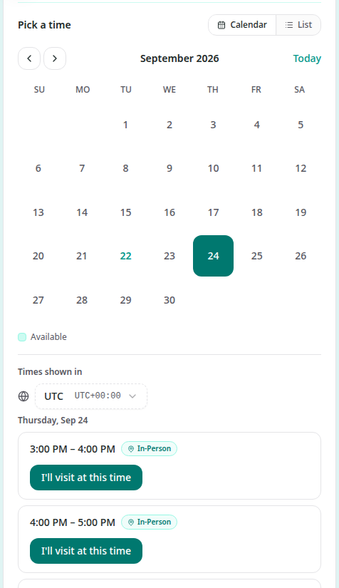 The Pick a time calendar with an available date, timezone picker and I'll visit at this time buttons