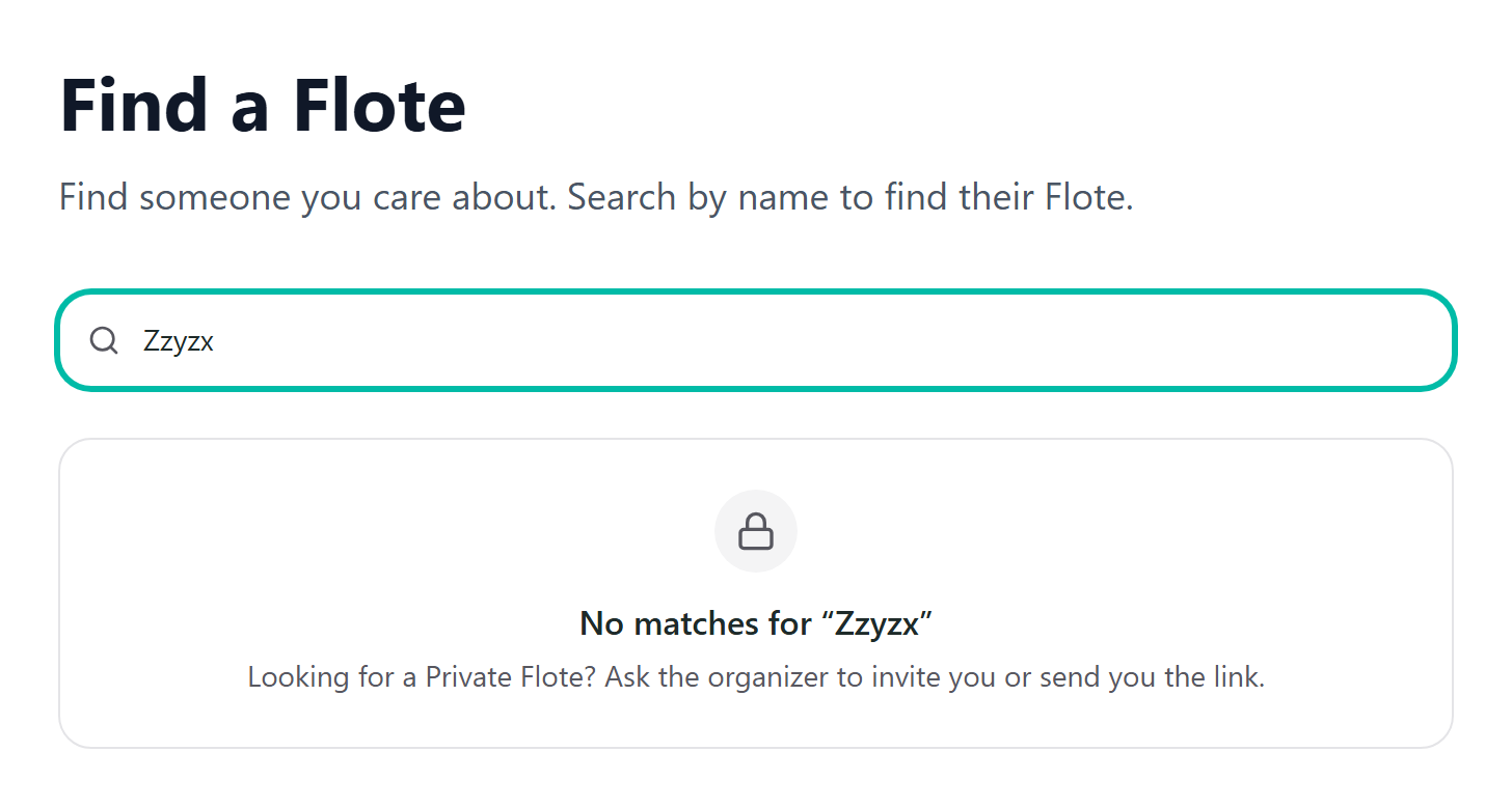 The Find a Flote page after a search with no matches, suggesting you ask the organizer for an invitation or the link