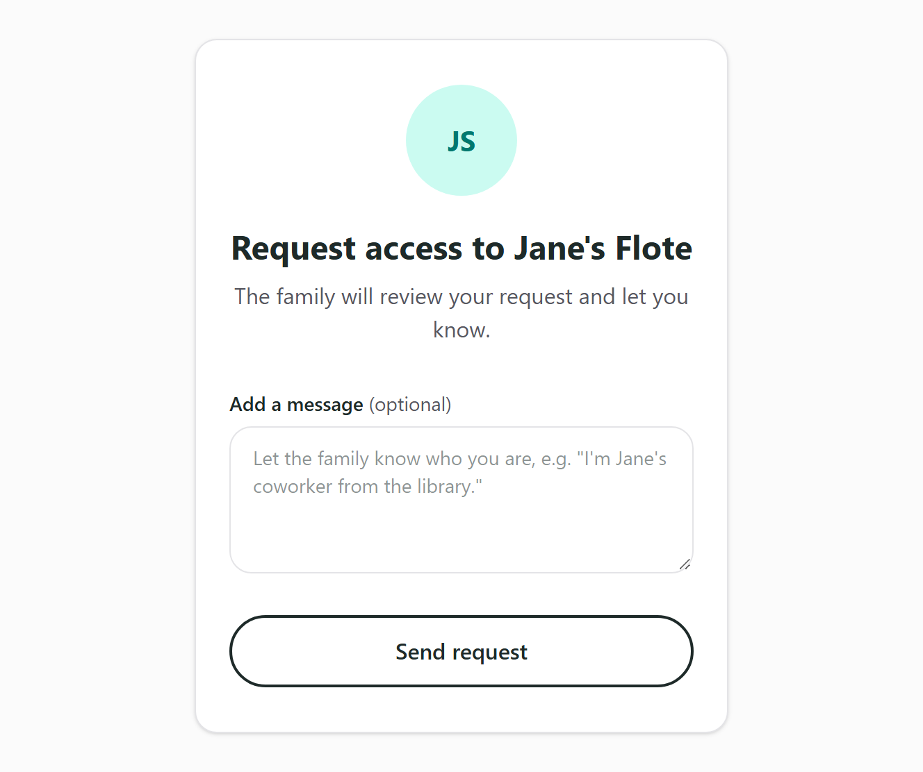 The Request access screen for Jane's Flote, with an optional Add a message box above the Send request button