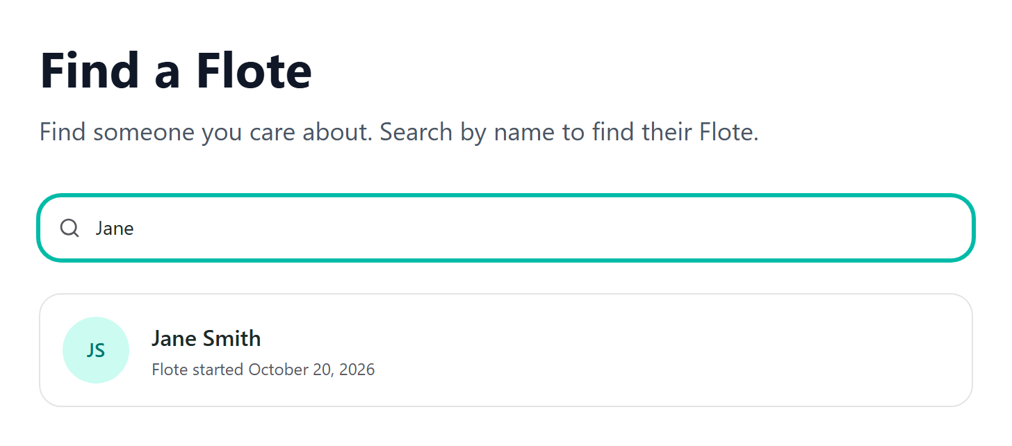 The Find a Flote page with Jane typed into Search by name and Jane Smith's Flote in the results