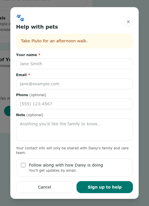 The practical-need form with name, email, phone, note, and Sign up to help controls
