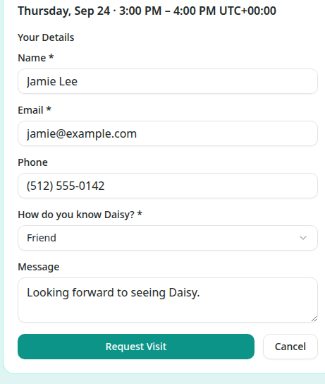The visit booking form with the selected date and time, visitor details, relationship, message, and Request Visit button