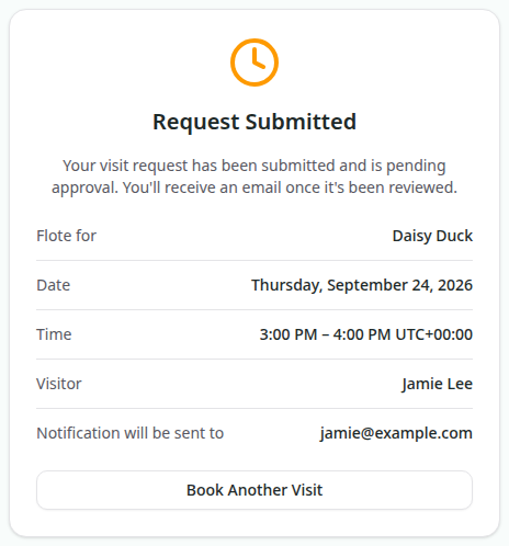The Request Submitted page showing the pending approval message and visit request details