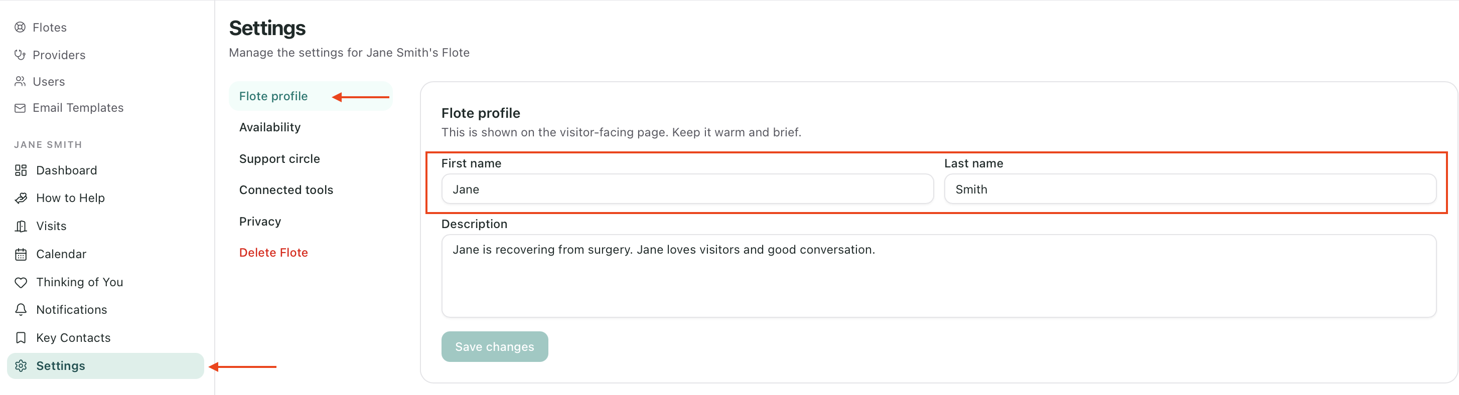 The Flote profile section of Settings, with the name field and a Save button