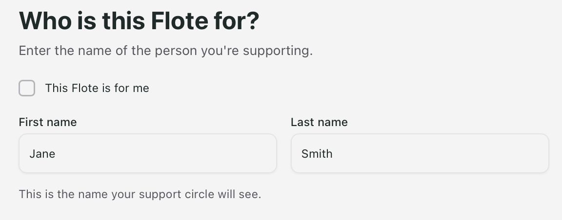 The Who is this Flote for screen, with the This Flote is for me checkbox above the name fields