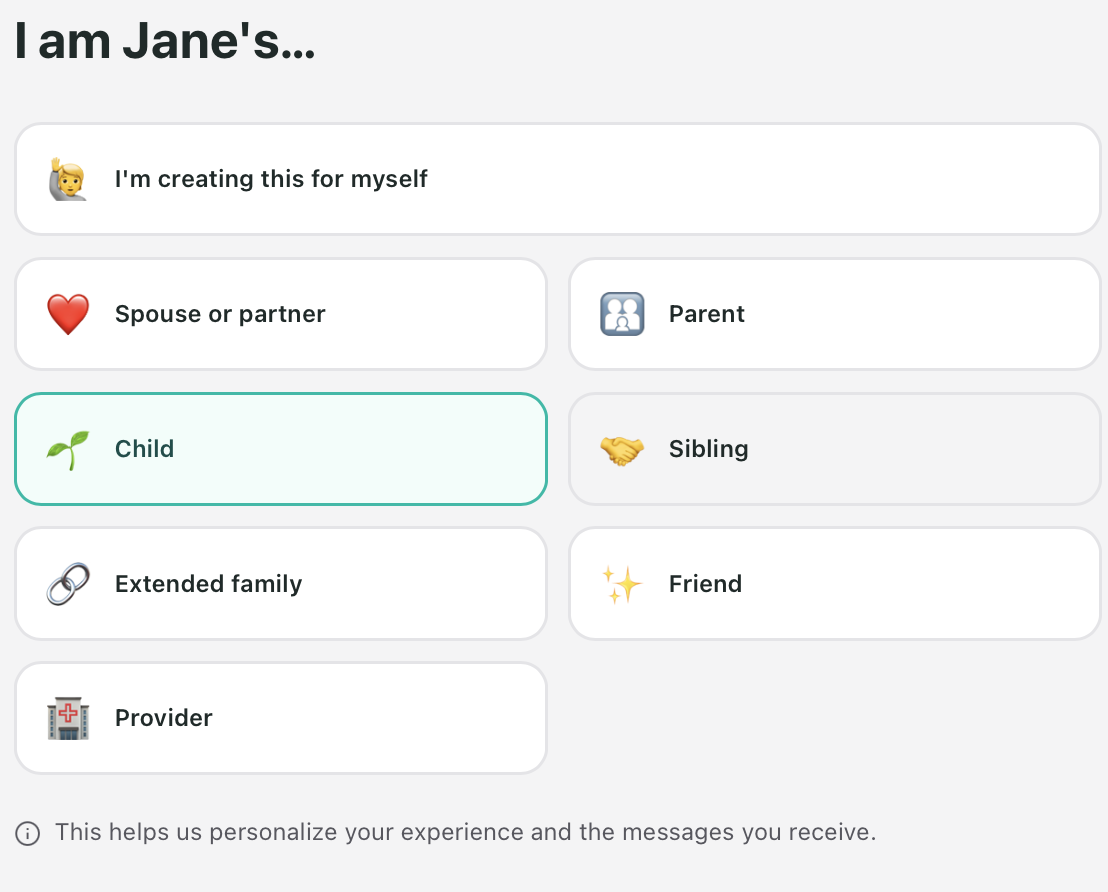 The relationship screen, headed I am Jane's, with eight options to choose from