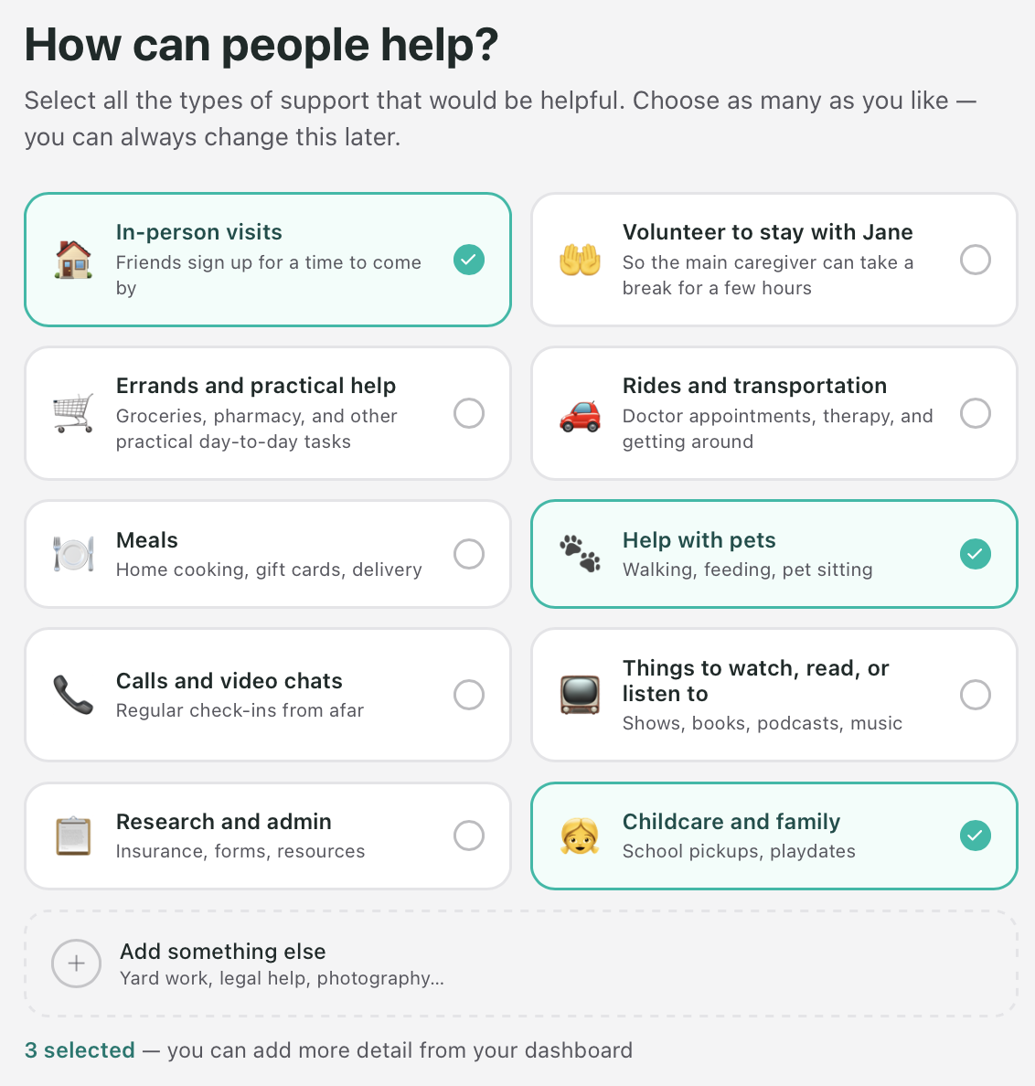 The How can people help screen with In-person visits, Help with pets and Childcare selected