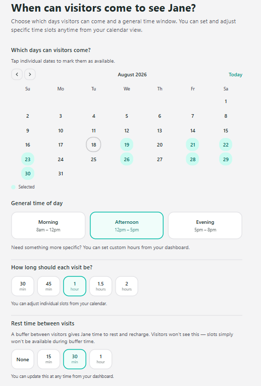 The availability screen showing days of the week, times of day and visit length