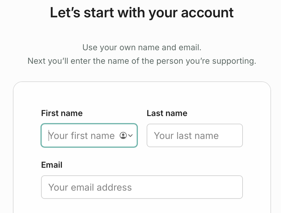 The Aflote sign-up screen, headed Let's start with your account, with First name, Last name and Email fields