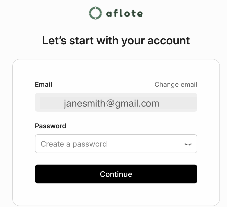 The password screen, with the email address already filled in above an empty Create a password field