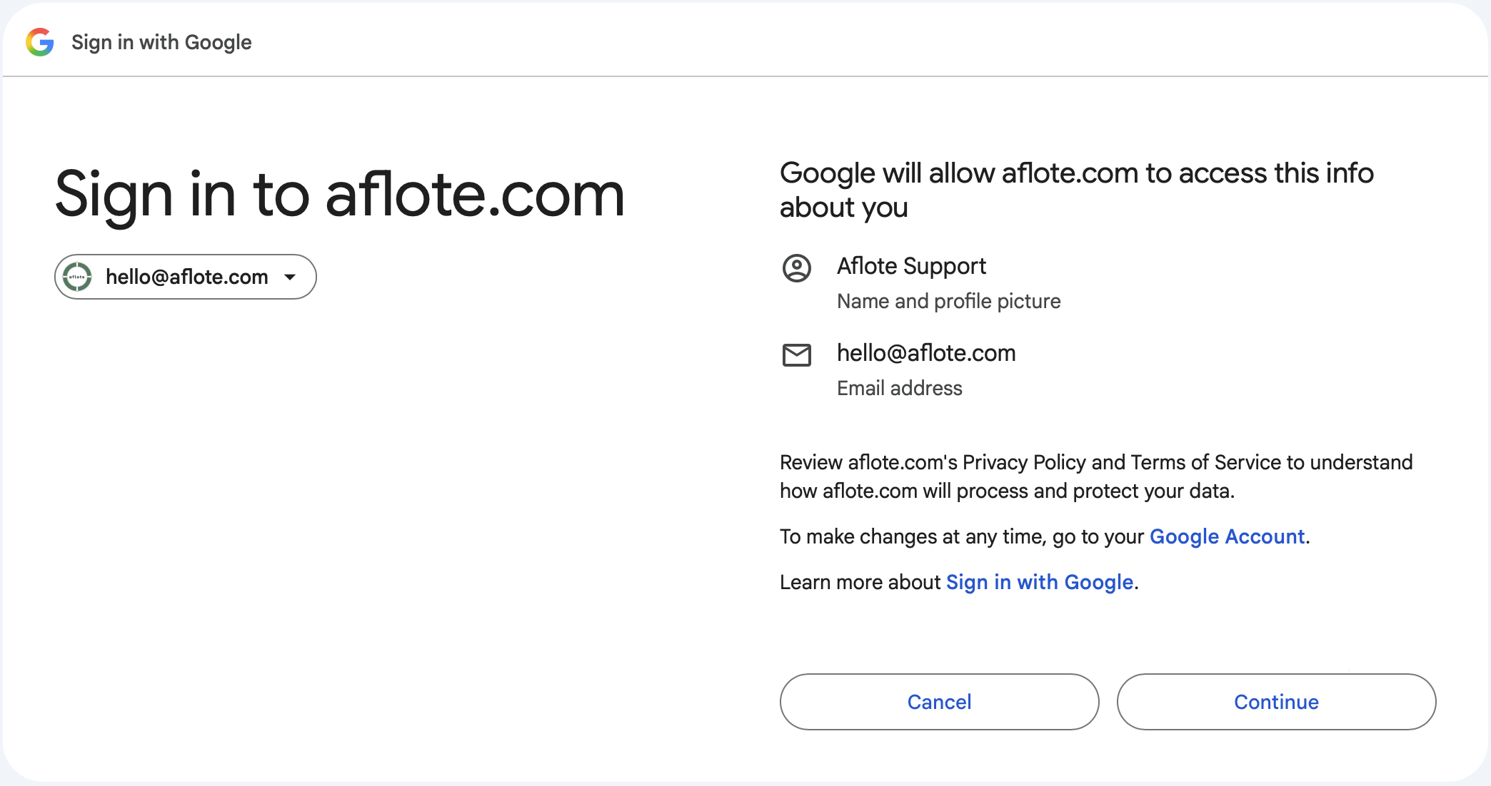 The Google screen asking permission to share your name and email address with Aflote