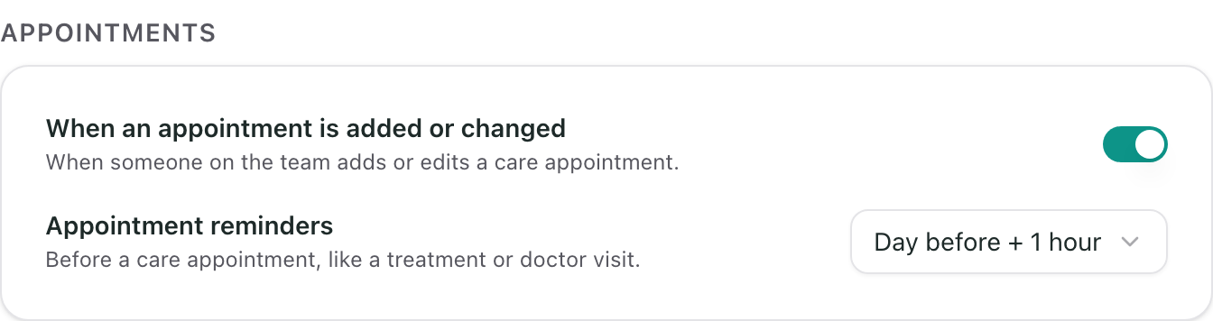 The Appointments section, with a switch for changes and a timing choice for reminders