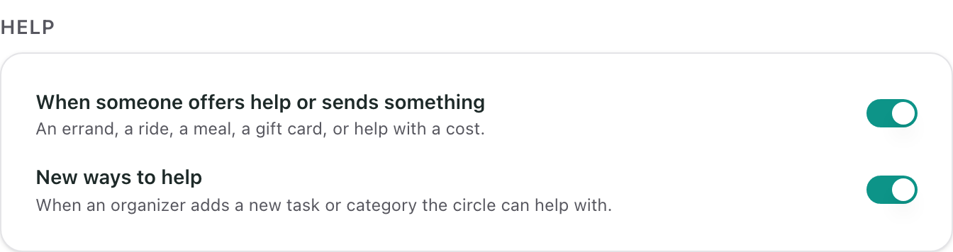 The Help section, with a switch for offers of help and things sent, and a switch for new ways to help