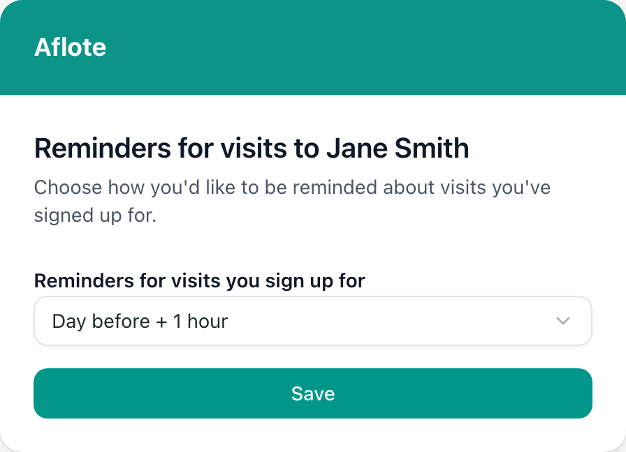 The page for managing visit reminders, with a timing choice and a Save button