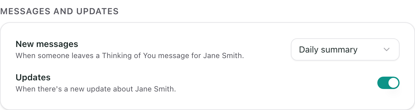 The Messages and Updates section, with a timing choice for New messages and a switch for Updates