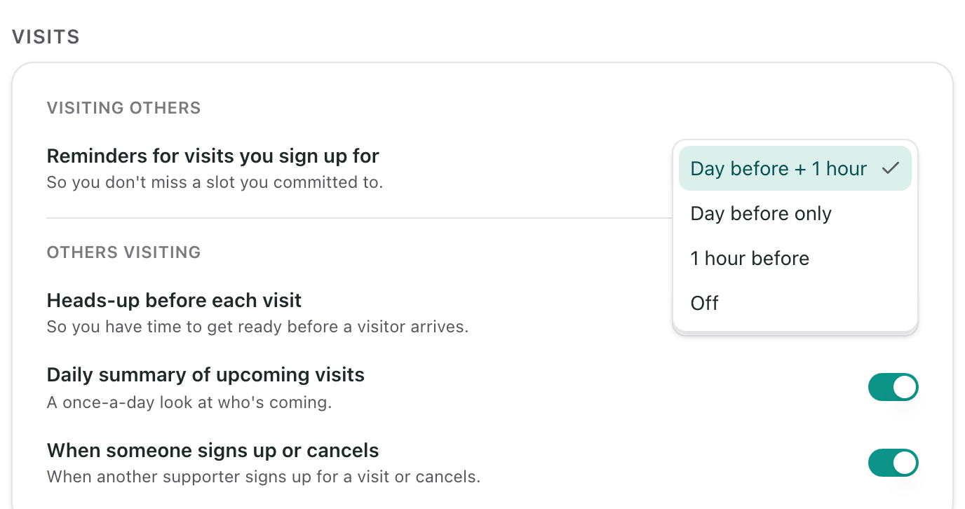 The timing choices for visit reminders: Day before + 1 hour, Day before only, 1 hour before, and Off