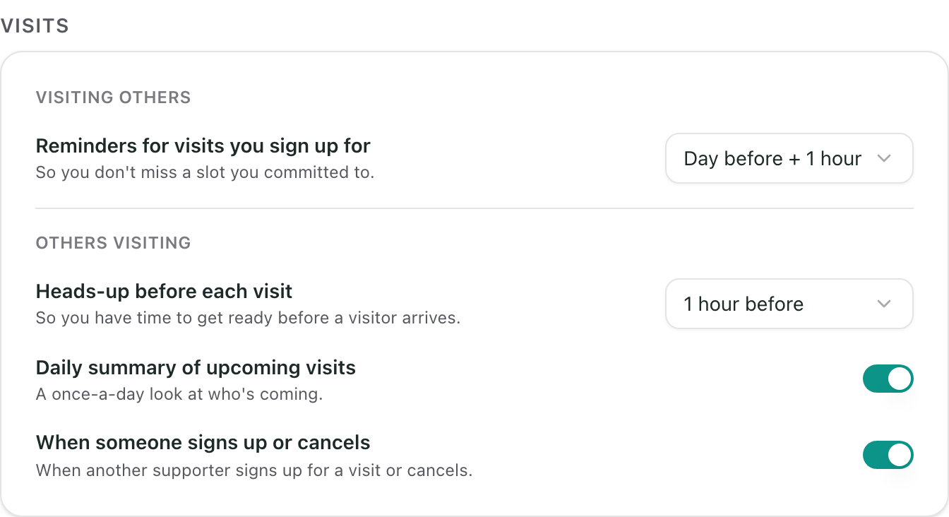 The Visits section, with Visiting others and Others visiting groups of reminders and switches
