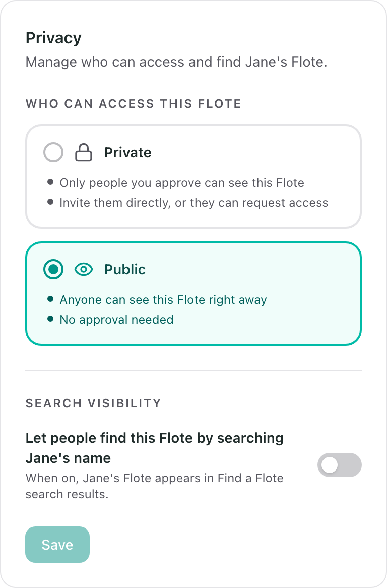 The Privacy section of Settings, with the Private and Public options and the Search visibility switch