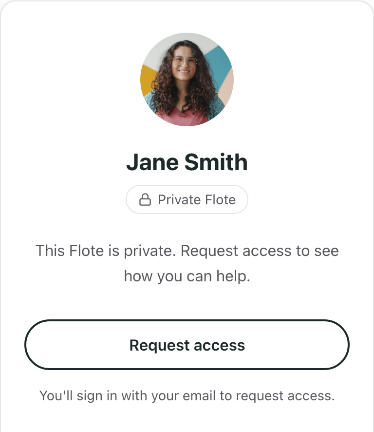 A private Flote as someone without access sees it: Jane Smith's photo and name, a Private Flote label, and a Request access button