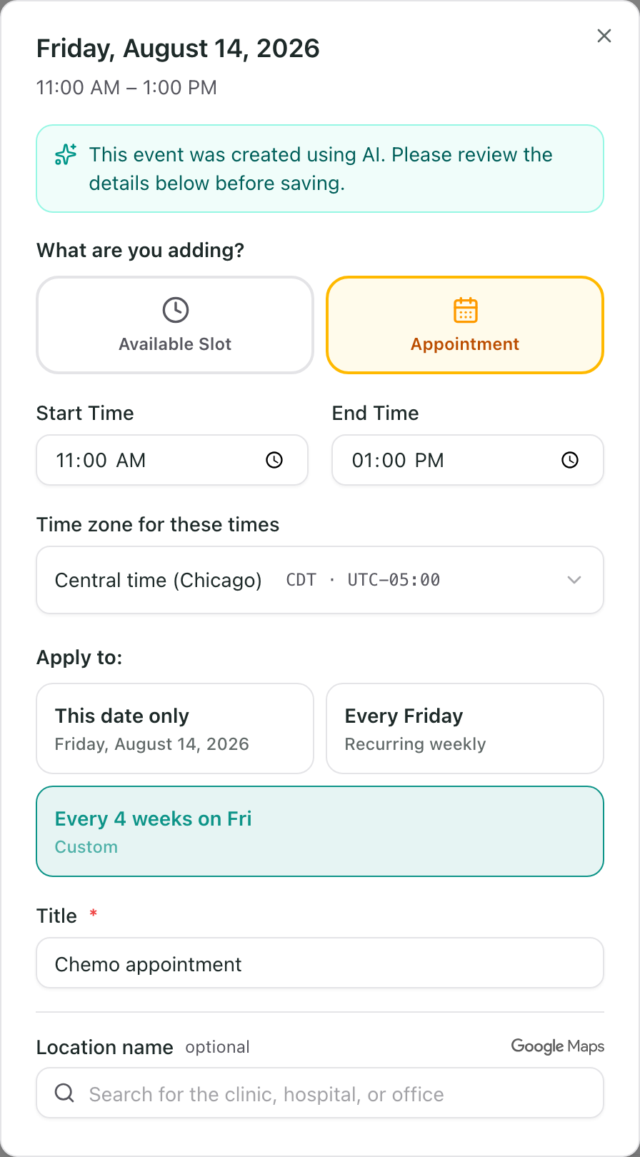 The pre-filled appointment form with the AI review note at the top