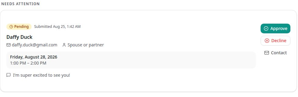 A pending visit request in Notifications with the visitor details and Approve and Decline buttons