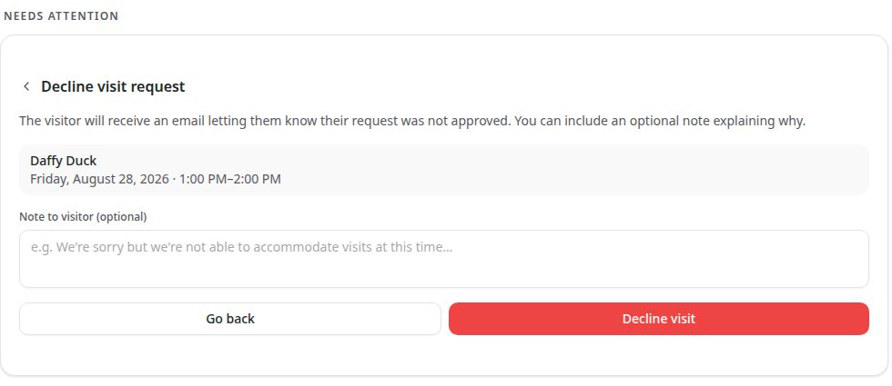 The decline request form with the optional note field and Decline visit button
