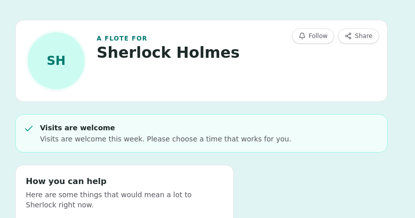 The follower-facing Flote page with a Visits are welcome banner and the admin's optional message near the top