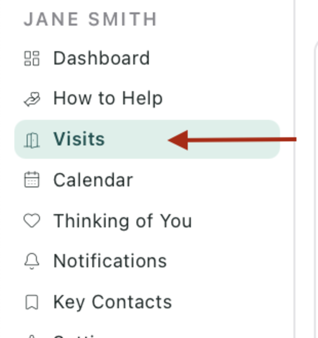 The Visits option highlighted in the Flote's left navigation, with a red arrow pointing to it