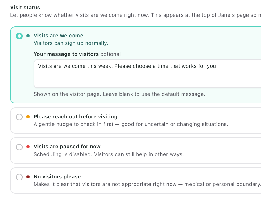 The Visit status controls with Visits are welcome selected, an optional visitor message, and the other three status choices