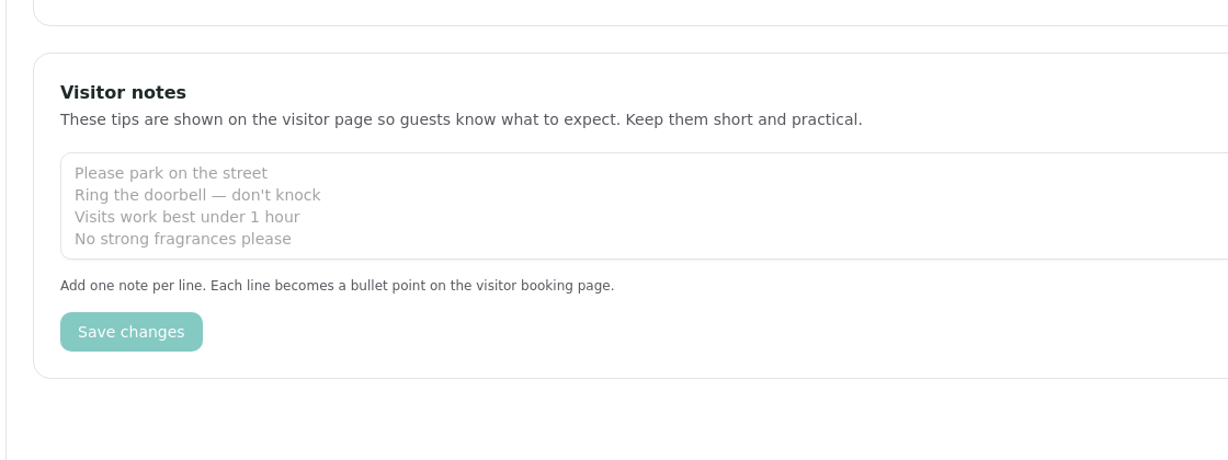 The Visitor notes section with one note per line and text explaining that every line becomes a bullet on the booking page