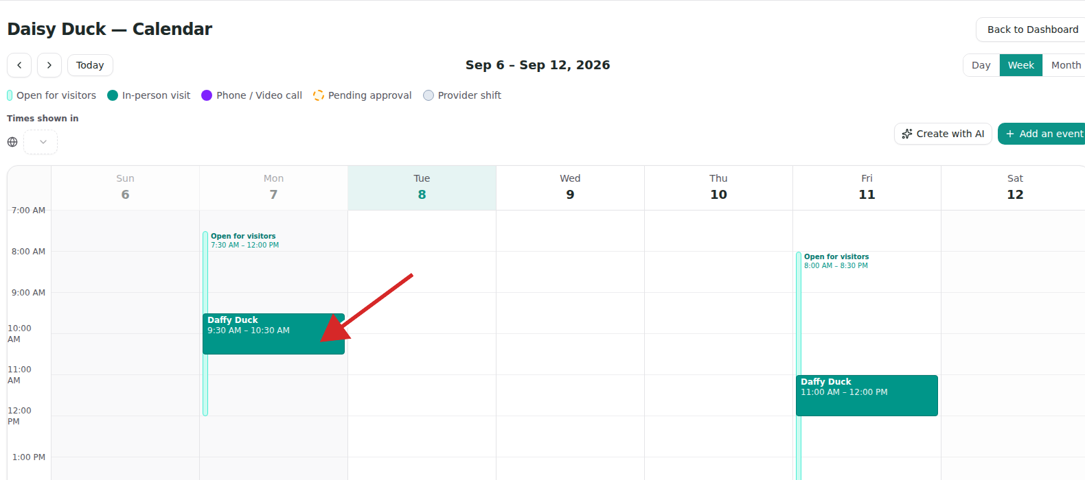 Daisy Duck’s Calendar in Week view with a red arrow pointing to Daffy Duck’s confirmed visit on Monday, September 7