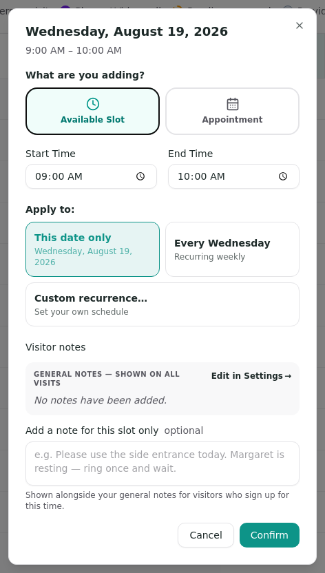 The live Calendar window with Available Slot selected, time fields, recurrence choices, and an optional slot note