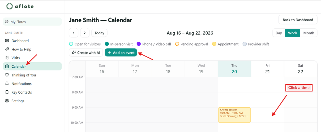 The Calendar page with Calendar selected in the Flote navigation, the Add an event button, and an annotated time in the weekly grid