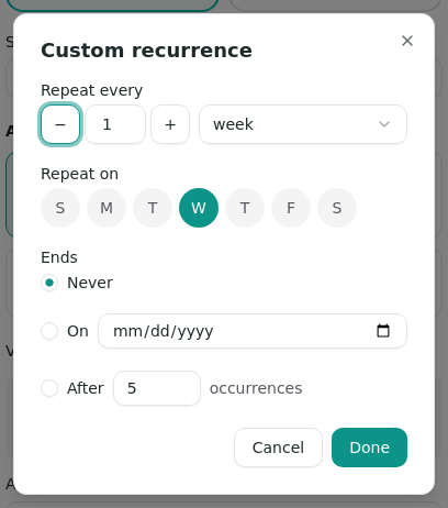 The live Custom recurrence window with weekly days and options to end the series