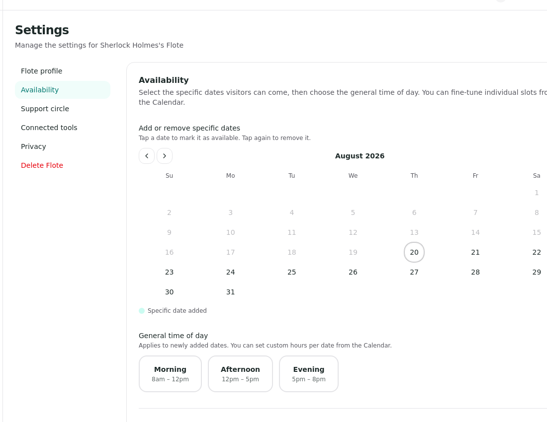 The Settings page with Availability selected, a calendar for choosing dates, and Morning, Afternoon, and Evening time blocks