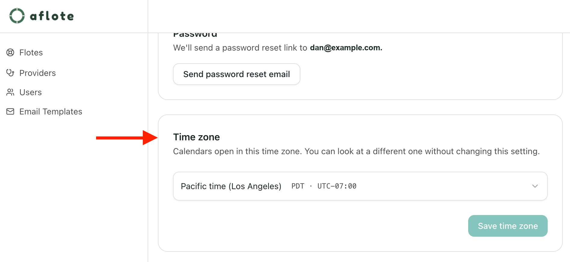 The Time zone card on My account, with a zone picker and a Save time zone button