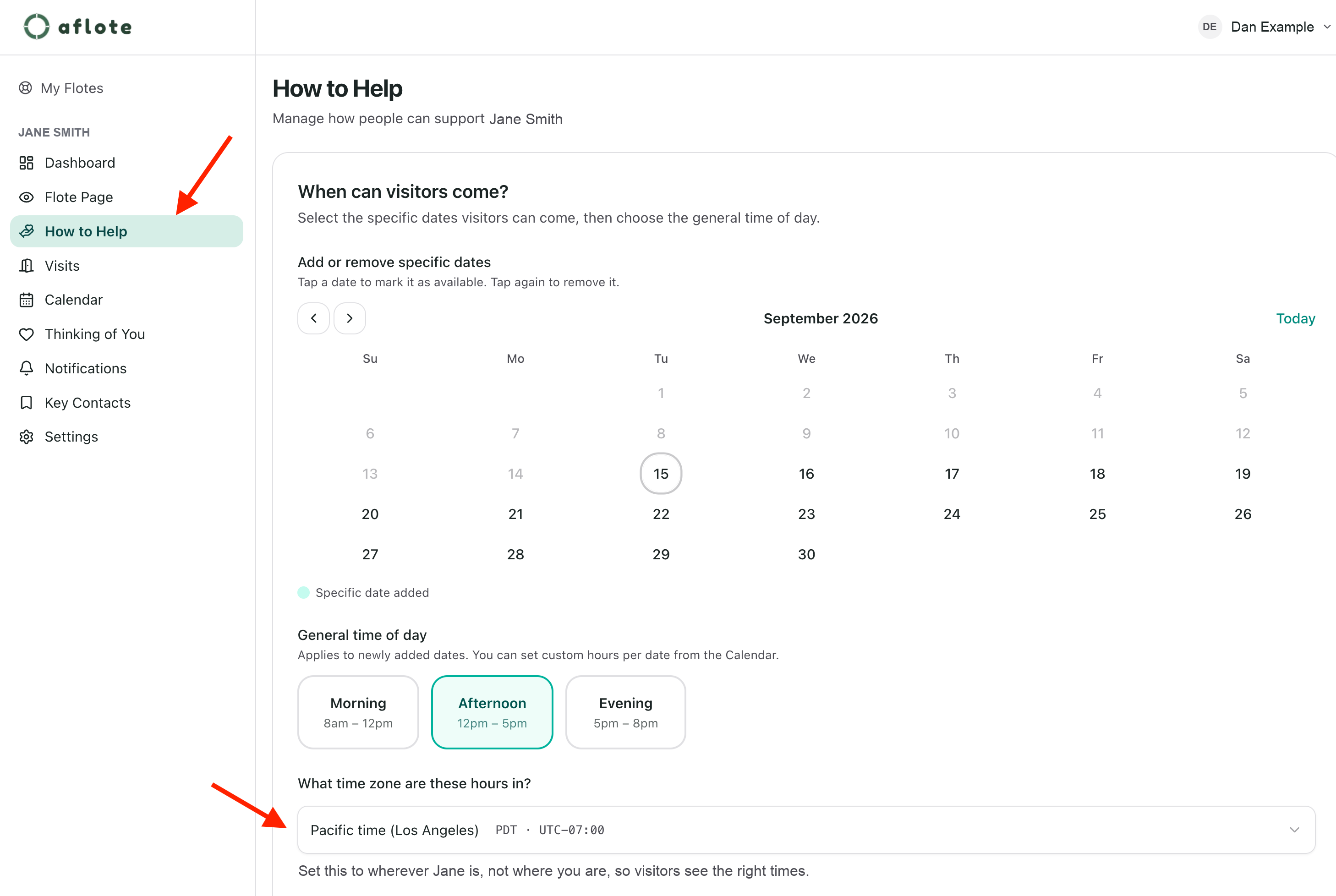 The What time zone are these hours in field under In-person visits on How to Help