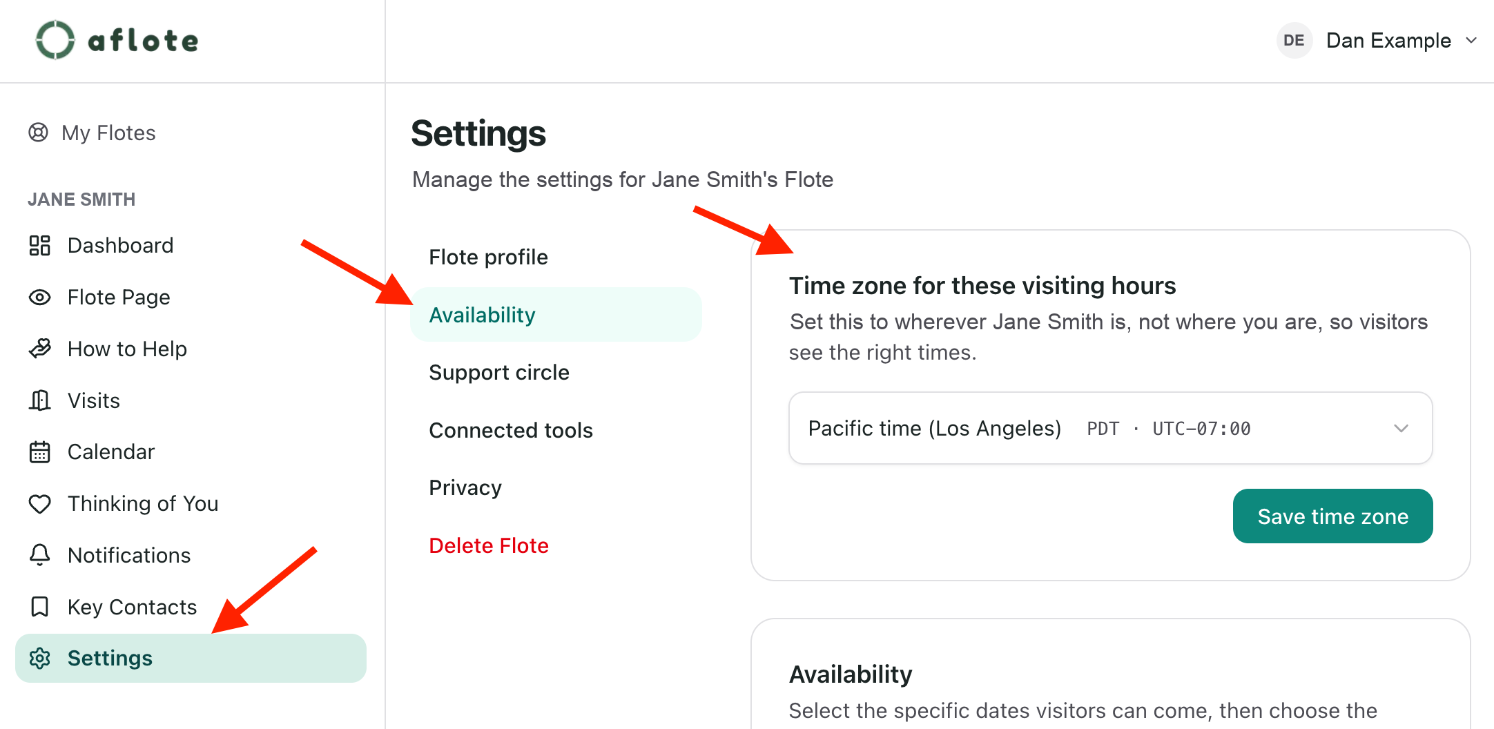 The Time zone for these visiting hours card at the top of Settings → Availability