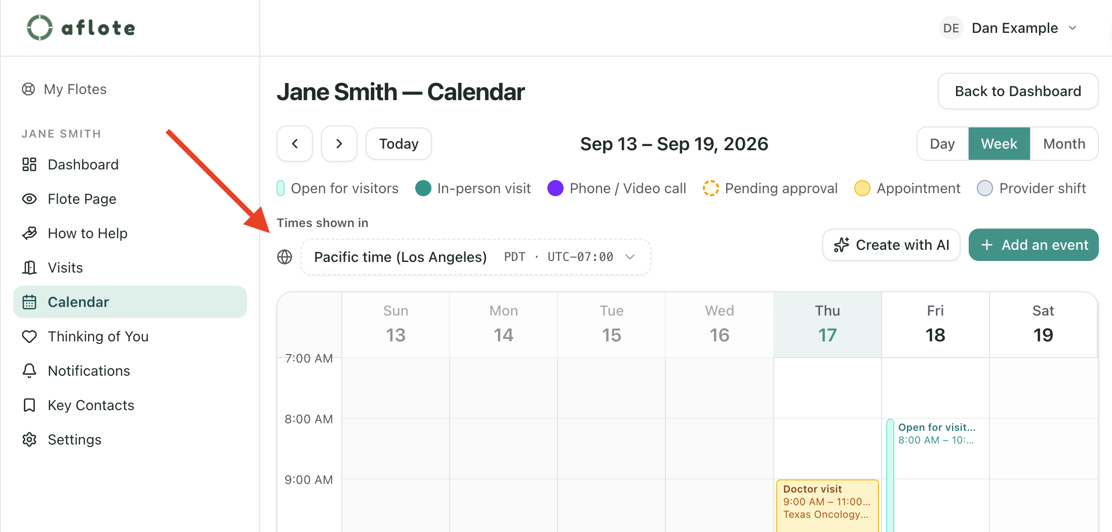 The Times shown in control sitting above a Flote's calendar grid, with a globe icon and a zone picker