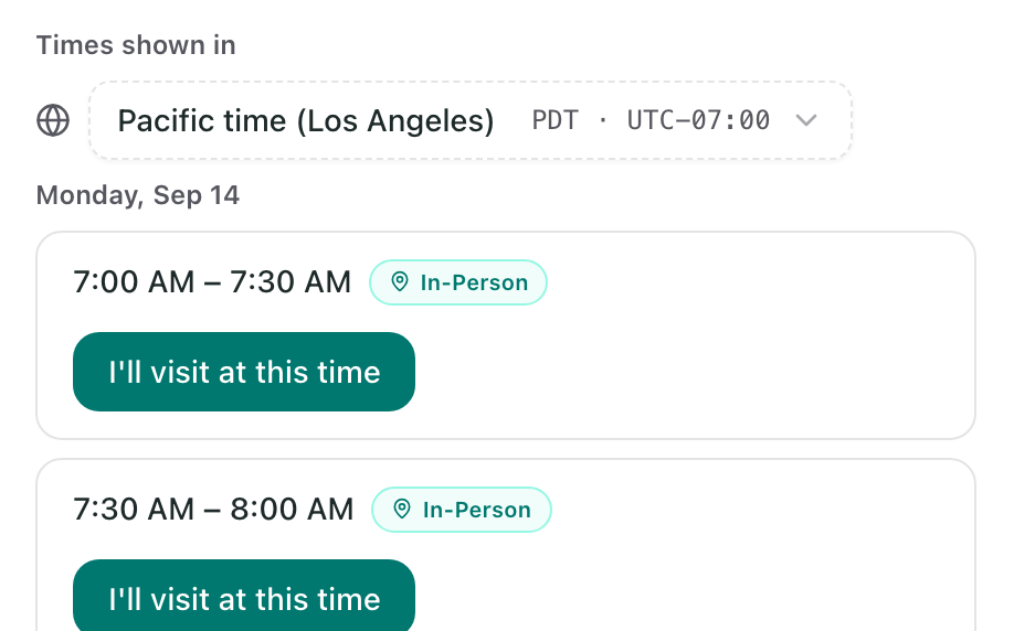 The Times shown in control above a list of available times, each with an I'll visit at this time button