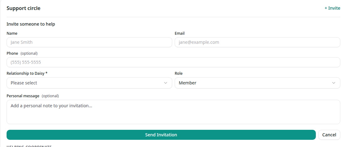 The Support circle invitation form on Daisy Duck's dashboard with name, email, relationship, role, and Send Invitation button